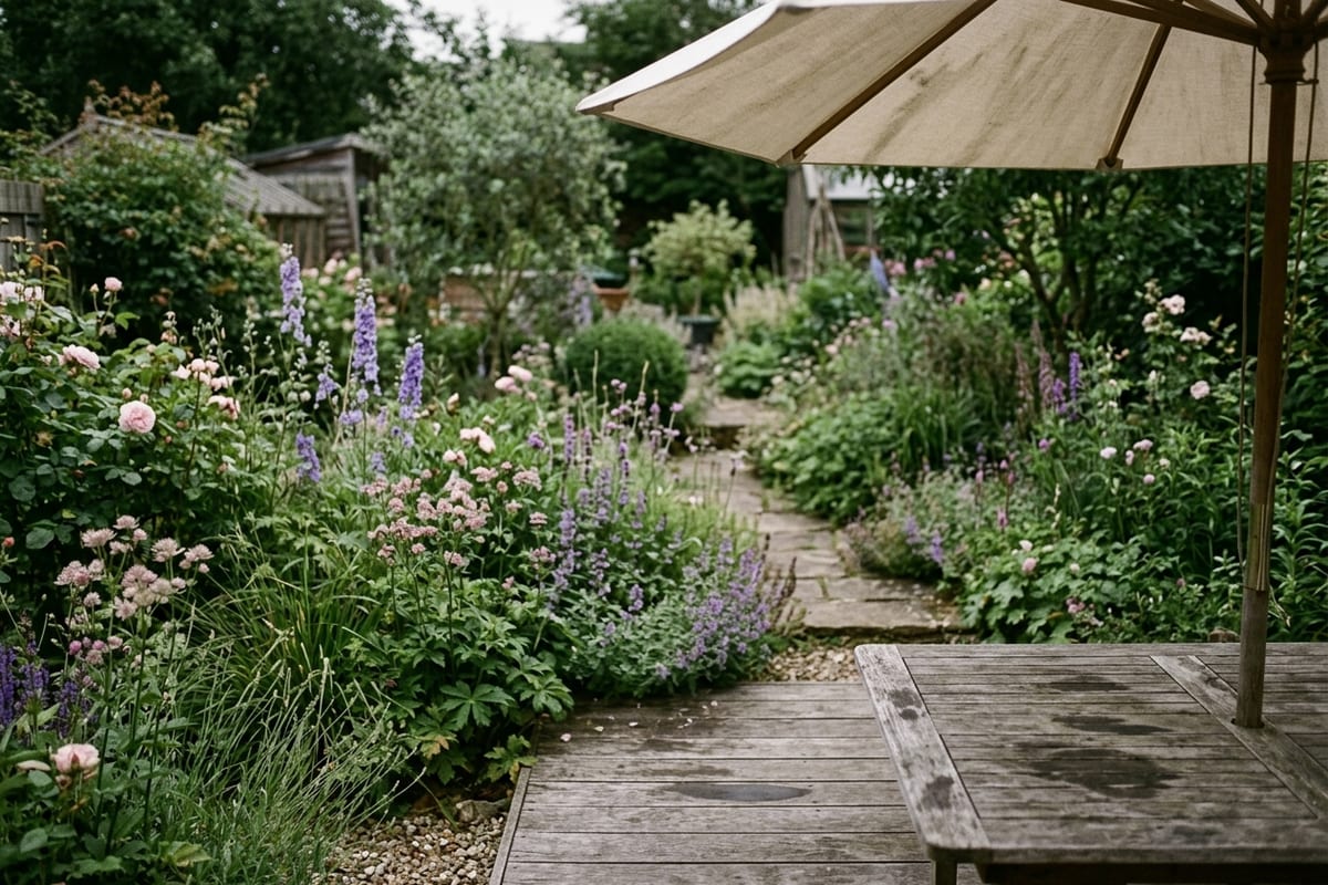Terrasse végétalisée en été photographiée sans personne